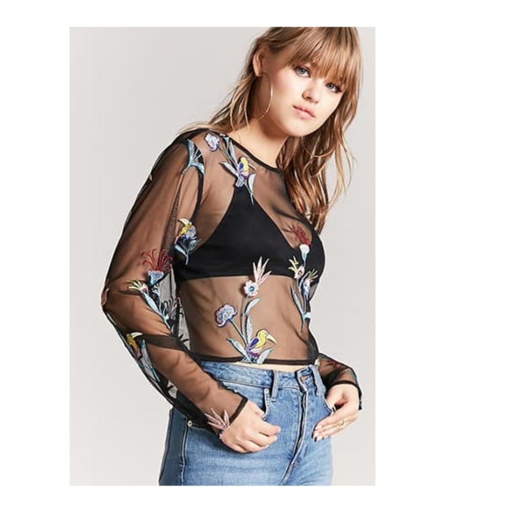 SOLD NWT Forever 21 Sheer Black Embroidered Top